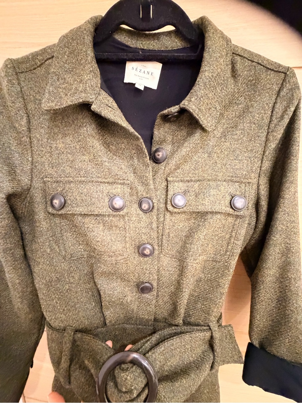 Sezane Army Green Wool Belted jumpsuit - like new!